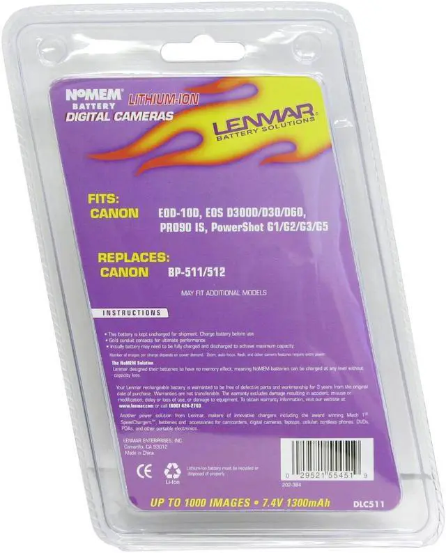 Alt view image 3 of 3 - LENMAR DLC511 1-Pack 1500mAh Li-Ion Replacement Battery Canon BP-511A