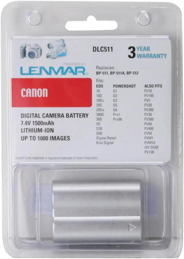 Main image of LENMAR DLC511 1-Pack 1500mAh Li-Ion Replacement Battery Canon BP-511A