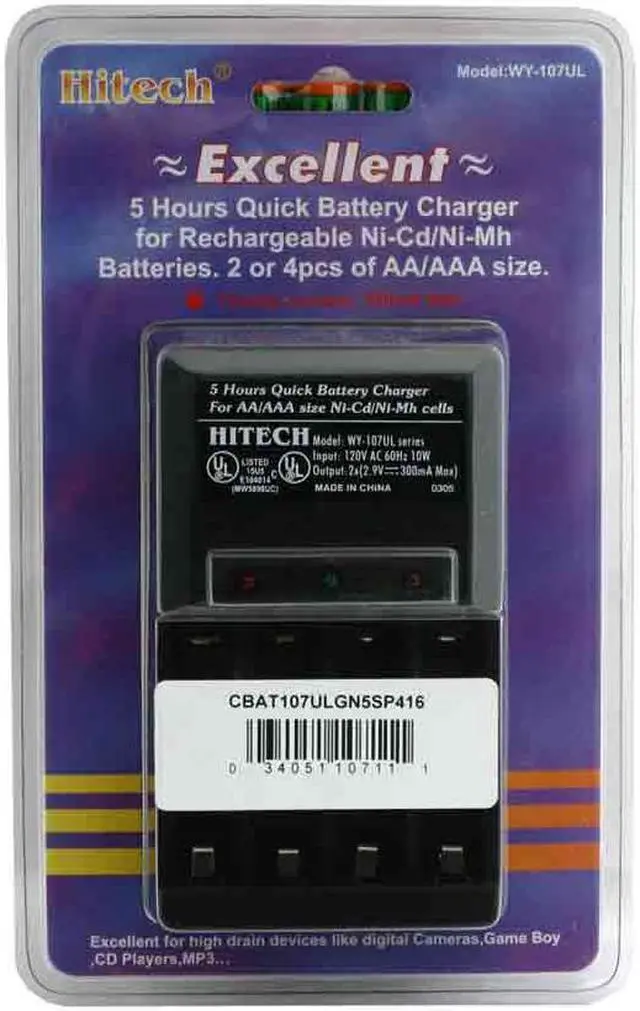 Main image of Hitech WY-107UL-B (CBAT107ULGN5SP416) 4-pack 1600mAh AA Ni-MH Rechargeable Batteries & Charger Kit