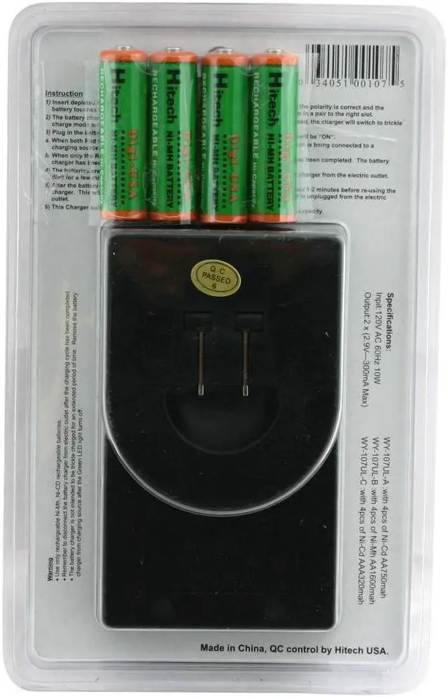 Alt view image 2 of 2 - Hitech WY-107UL-B (CBAT107ULGN5SP416) 4-pack 1600mAh AA Ni-MH Rechargeable Batteries & Charger Kit