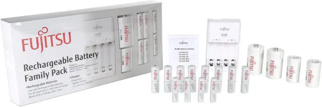 Alt view image 5 of 5 - FUJITSU AA / AAA Ni-MH Battery Charger Kit with 8-Pack AA 1900mAh and 4-Pack AAA 750mAh Rechargeable Batteries, 2 D Size and 2 C Size Spacers