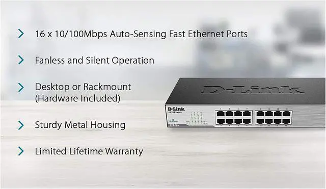Alt view image 4 of 8 - D-Link Ethernet Switch, 16 Port 10/100 Unmanaged Desktop, Fanless Rackmount Network Hub Internet (DSS-16+)