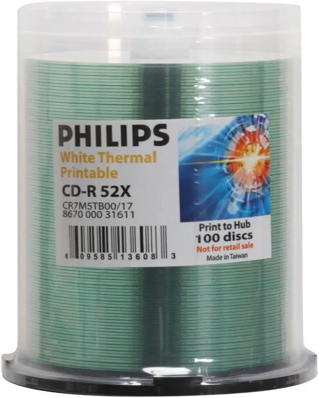 Main image of PHILIPS 700MB 52X CD-R Thermal Printable 100 Packs Spindle Disc Model CR7M5TB00/17 - OEM