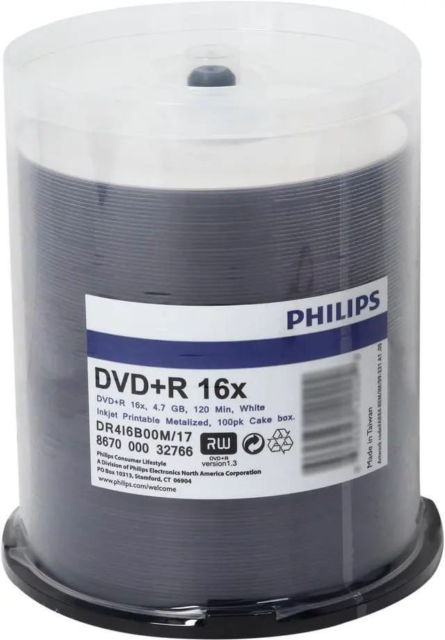 Main image of PHILIPS 4.7GB 16X DVD+R White Inkjet Hub Printable 100 Packs Spindle Disc Model DR4I6B00M/17