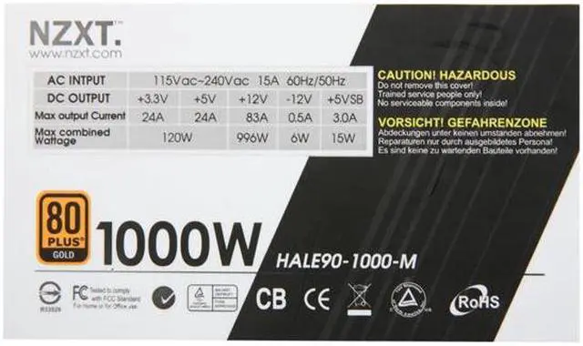 Alt view image 5 of 7 - NZXT HALE90-1000-M 1000W ATX 12V v2.2, EPS 12V v2.91 80 PLUS GOLD Certified Modular Active PFC Power Supply