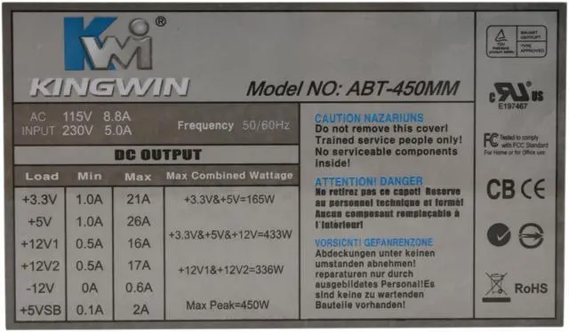 Alt view image 2 of 6 - KINGWIN ABT-450MM 450 W ATX 12V Ver.2.2 SLI Ready Power Supply