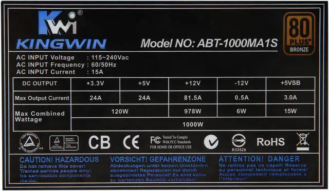 Alt view image 7 of 9 - KINGWIN Mach 1 ABT-1000MA1S 1000 W ATX / BTX SLI Certified CrossFire Ready 80 PLUS BRONZE Certified Modular Active PFC Power Supply