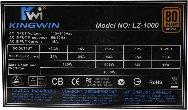 Alt view image 5 of 7 - KINGWIN Lazer LZ-1000 1000W Modular 80 PLUS BRONZE Certified Active PFC W/ 3-Way LED Switch and Universal Modular Connector Power Supply