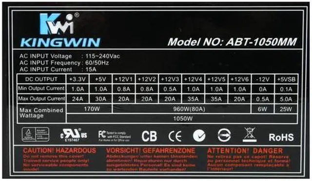 Alt view image 5 of 7 - KINGWIN ABT-1050MM 1050 W ATX 12V v2.2 / EPS 12V v2.91 / SSI EPS 12V v2.92 SLI Ready CrossFire Ready Active PFC Power Supply