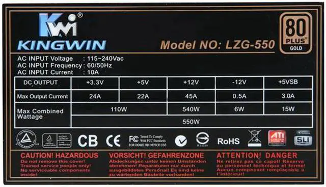 Alt view image 5 of 7 - KINGWIN Lazer Gold Series LZG-550 550 W ATX 12V v2.2 / EPS 12V v2.91 SLI Ready CrossFire Ready 80 PLUS GOLD Certified Modular Active PFC Power Supply