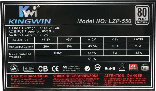 Alt view image 5 of 7 - KINGWIN Lazer Platinum Series LZP-550 550 W ATX 12V v2.2 / EPS 12V v2.91 / SSI EPS 12V v2.92 SLI Ready CrossFire Ready 80 PLUS PLATINUM Certified Modular Active PFC Power Supply