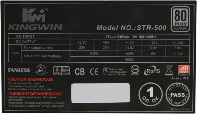 Alt view image 5 of 7 - KINGWIN STR-500 500 W ATX 12V v2.2, EPS 12V v2.91 and SSI EPS 12V v2.92 SLI Ready 80 PLUS PLATINUM Certified Modular Active PFC Stryker Fanless Power Supply