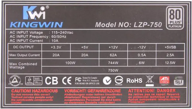 Alt view image 5 of 7 - KINGWIN LZP-750 750 W ATX 12V v2.2, EPS 12V v2.91, and SSI EPS 12V v2.92 SLI Ready CrossFire Ready 80 PLUS PLATINUM Certified Modular Active PFC Power Supply