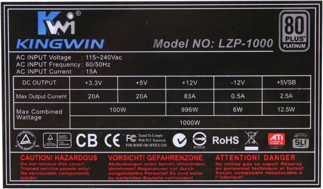 Alt view image 6 of 8 - KINGWIN LZP-1000 1000 W ATX 12V v2.2, EPS 12V v2.91, and SSI EPS 12V v2.92 SLI Ready CrossFire Ready 80 PLUS PLATINUM Certified Modular Active PFC Power Supply