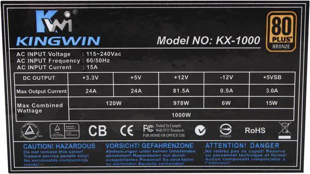 Alt view image 5 of 7 - KINGWIN KX-1000 1000 W ATX 12V v2.2, EPS 12V v2.91, and SSI EPS 12V v2.92 SLI Ready CrossFire Ready 80 PLUS BRONZE Certified Modular Active PFC Power Supply