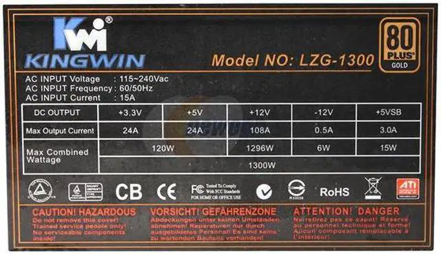 Alt view image 5 of 7 - KINGWIN Lazer Gold Series LZG-1300 1300 W SSI EPS 12V v2.92 Yes Yes 80 PLUS GOLD Certified Modular Active PFC Power Supply