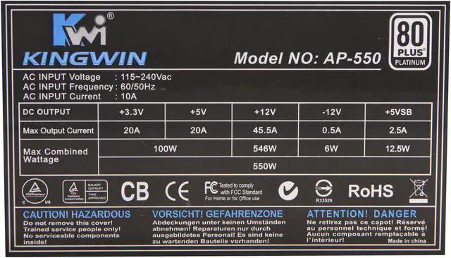 Alt view image 5 of 7 - KINGWIN Absolute Platinum Series AP-550 550 W ATX 12V v2.2, EPS 12V v2.91 and SSI EPS 12V v2.92 SLI Ready CrossFire Ready 80 PLUS PLATINUM Certified Active PFC Power Supply