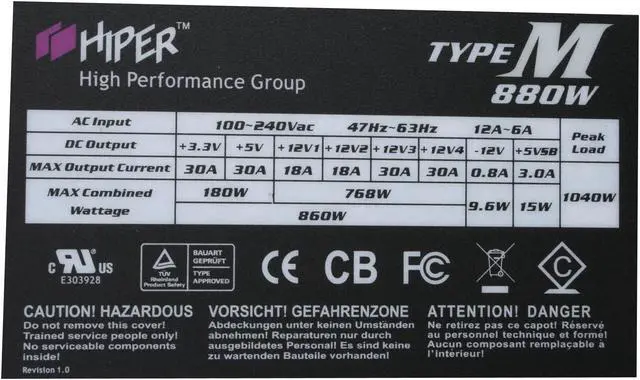 Alt view image 5 of 9 - HIPER Type M HPU-4M880 880W Continuous @ 40°C
(Maximum Continuous Peak: 1040W) ATX12V V2.2 & EPS12V V2.91 SLI Certified CrossFire Ready 80 PLUS Certified  Active PFC Power Supply