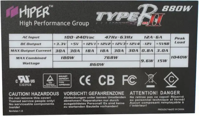 Alt view image 6 of 14 - HIPER Type R II HPU-5B880 880W Continuous @ 40°C
(Maximum Continuous Peak: 1040W) ATX12V V2.2 & EPS12V V2.91 SLI Certified CrossFire Ready  Active PFC Power Supply
