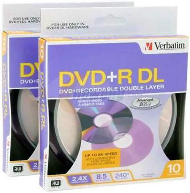 Main image of Verbatim 8.5GB 2.4X - 6X DVD+R DL 10 pack x 2 Spindle Double Layer Disc Model 95166-20
