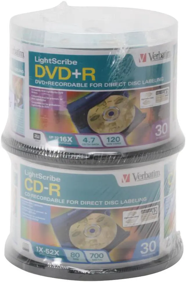 Main image of Verbatim LightScribe 30 Packs 52X 700MB CD-R + 30 Packs 16X 4.7GB DVD+R Cake Box Disc