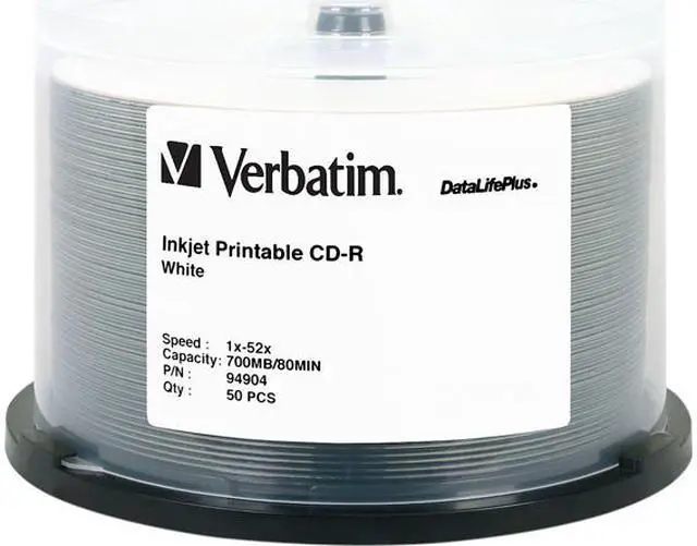 Main image of Verbatim CD-R 80MIN 700MB 52X DataLifePlus White Inkjet Printable, Hub Logo, 50pk Spindle