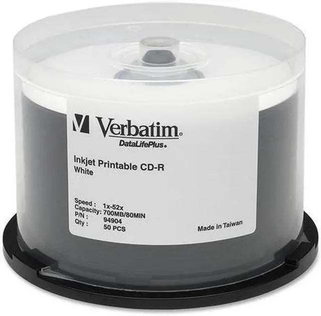 Alt view image 2 of 2 - Verbatim CD-R 80MIN 700MB 52X DataLifePlus White Inkjet Printable, Hub Logo, 50pk Spindle