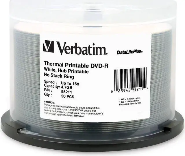 Main image of Verbatim  4.7GB  16X DataLifePlus DVD-R  White Thermal Printable  50 Packs  Spindle  Disc Model 95211
