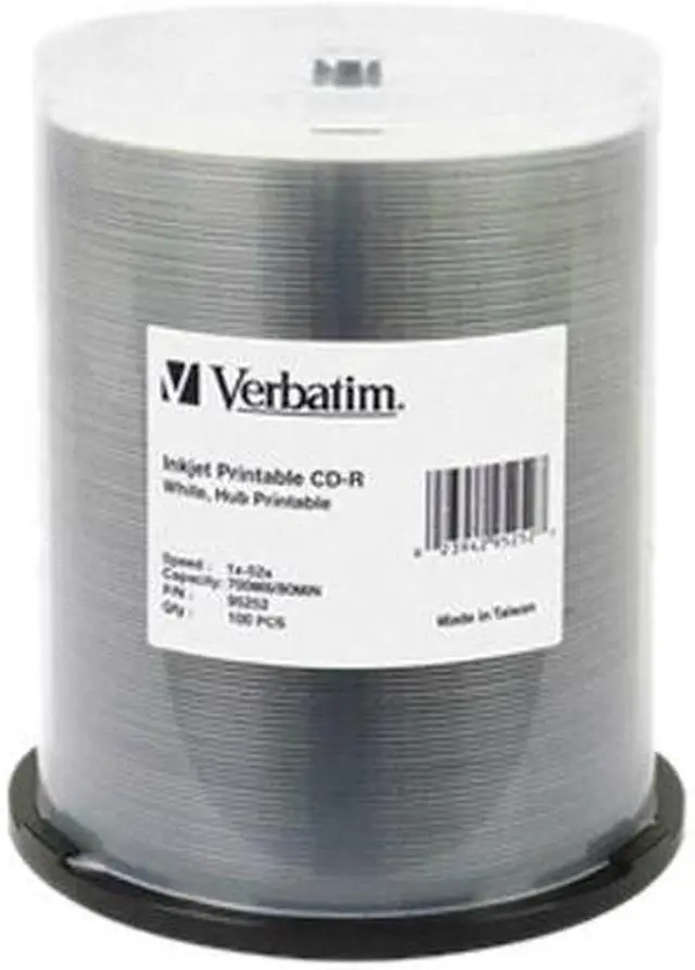 Alt view image 2 of 2 - Verbatim 700 MB 52X CD-R White Inkjet Printable 100 Packs Spindle Media Model 95252