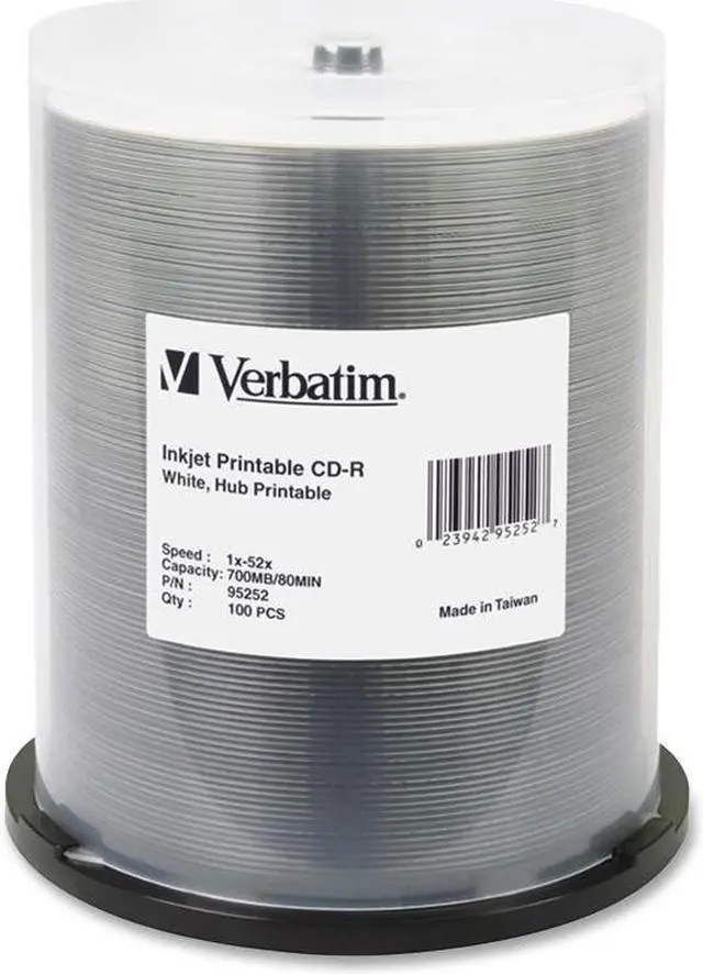 Main image of Verbatim 700 MB 52X CD-R White Inkjet Printable 100 Packs Spindle Media Model 95252