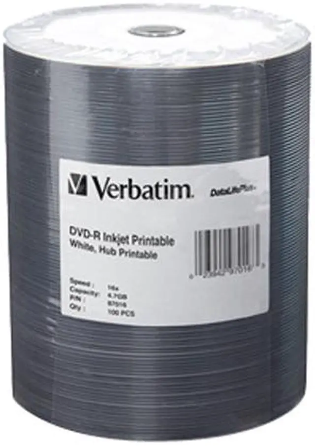 Alt view image 2 of 2 - Verbatim 4.7GB 16X DVD-R Inkjet Printable 100 Packs Spindle Media Model 97016