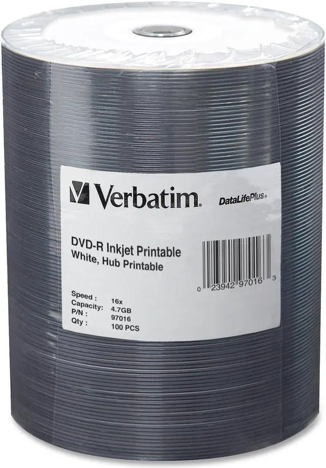 Main image of Verbatim 4.7GB 16X DVD-R Inkjet Printable 100 Packs Spindle Media Model 97016