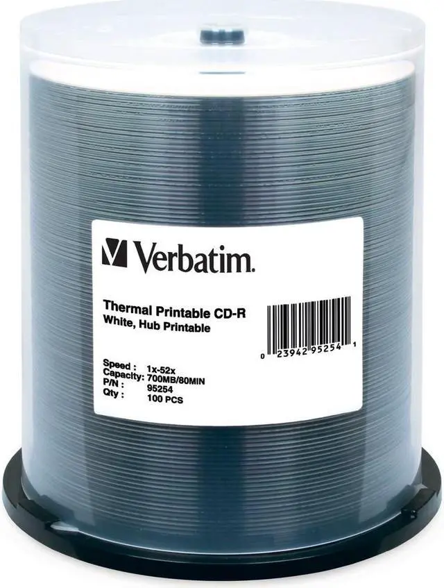 Main image of Verbatim CD-R 700MB 52X White Thermal Printable, Hub Printable - 100pk Spindle