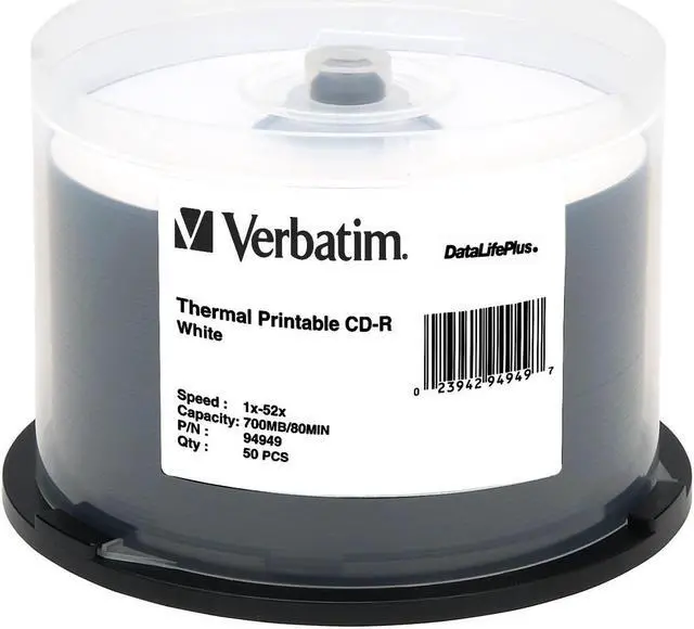 Alt view image 2 of 2 - Verbatim CD-R 80MIN 700MB 52X DataLifePlus White Thermal Printable, 50pk Spindle (also Everest & Prism Printer Compatible)