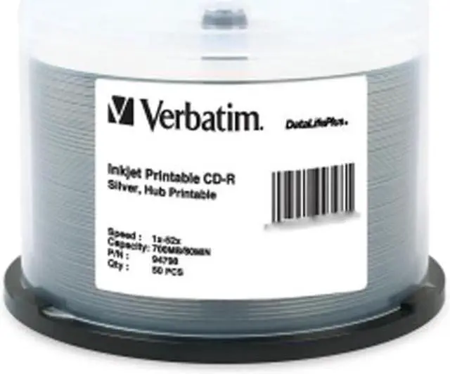 Main image of Verbatim 700MB 52X CD-R Inkjet Printable Hub Printable 50 Packs Form Factor: 120mm Standard Media Model 94798