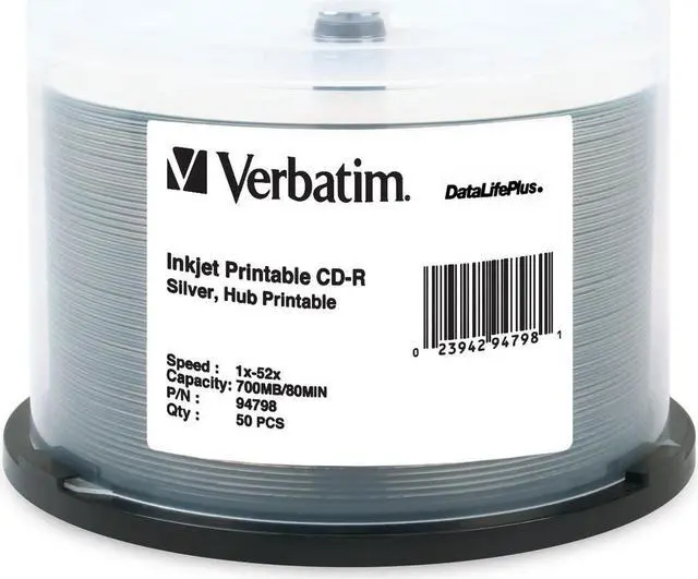 Alt view image 2 of 2 - Verbatim 700MB 52X CD-R Inkjet Printable Hub Printable 50 Packs Form Factor: 120mm Standard Media Model 94798