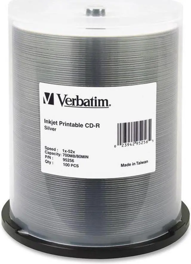 Main image of Verbatim 700MB 52X CD-R Inkjet Printable 100 Packs Spindle Media Model 95256