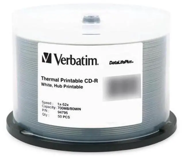 Alt view image 2 of 2 - Verbatim 700MB 52X CD-R Thermal Printable,  Hub Printable 50 Packs Spindle 50Pkg DataLifePlus CD Recordable Media Model 94795