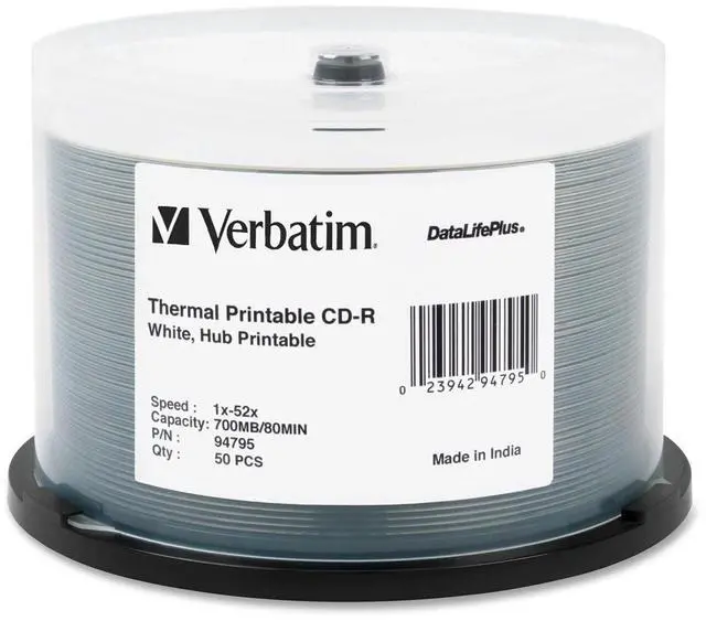 Main image of Verbatim 700MB 52X CD-R Thermal Printable,  Hub Printable 50 Packs Spindle 50Pkg DataLifePlus CD Recordable Media Model 94795