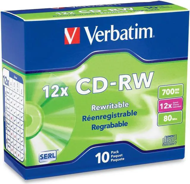 Main image of Verbatim 700MB 12X CD-RW 10 Packs Slim Jewel Case Disc Model 95156