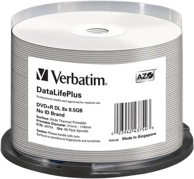 Main image of Verbatim DataLifePlus 43754 DVD Recordable Media - DVD+R DL - 8x - 8.50 GB - 50 Pack Spindle