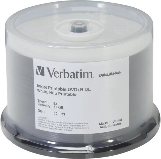 Alt view image 2 of 2 - Verbatim DVD+R DL 8.5GB 8X DataLifePlus White Hub InkJet Printable 50 Pack Spindle