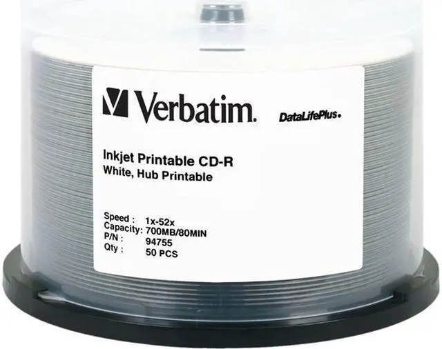 Main image of Verbatim DataLifePlus 94755 700MB 52X CD-R White Inkjet, Hub Printable 50 Packs Spindle Disc