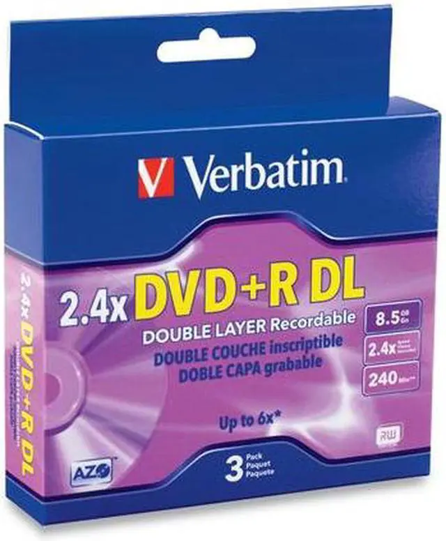 Main image of Verbatim 8.5GB 2.4X DVD+R DL 3 Packs Jewel Case Disc Model 95014