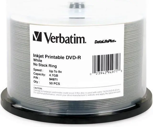 Main image of Verbatim 4.7 GB 8X DVD-R White Inkjet Printable 50 Packs DataLifePlus Disc Model 94971