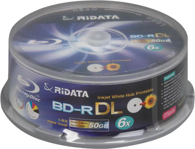 Main image of RiDATA 50GB 6X BD-R DL Inkjet White Hub Printable 25 Packs Spindle Disc Model BDR-506-RDIWN-CB25