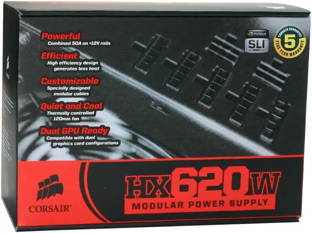 Alt view image 11 of 11 - CORSAIR HX Series CMPSU-620HX 620 W ATX12V v2.2 and EPS12V 2.91 SLI Certified CrossFire Ready 80 PLUS Certified Modular Active PFC Compatible with Core i7 Power Supply