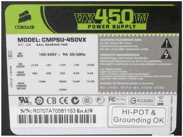 Alt view image 5 of 10 - CORSAIR CMPSU-450VX 450 W ATX12V V2.2 80 PLUS Certified Active PFC Compatible with Core i7 Power Supply
