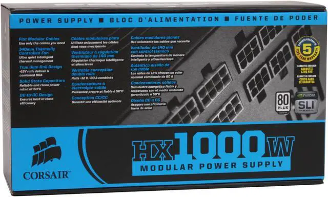 Alt view image 10 of 10 - CORSAIR HX Series CMPSU-1000HX 1000 W ATX12V 2.2 / EPS12V 2.91 SLI Ready CrossFire Ready 80 PLUS Certified Modular Active PFC Compatible with Core i7 Power Supply