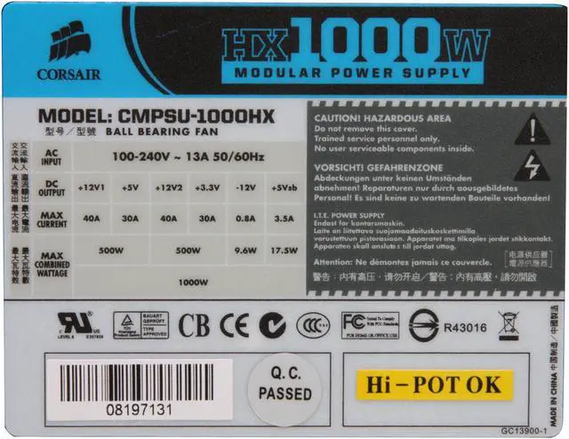 Alt view image 5 of 10 - CORSAIR HX Series CMPSU-1000HX 1000 W ATX12V 2.2 / EPS12V 2.91 SLI Ready CrossFire Ready 80 PLUS Certified Modular Active PFC Compatible with Core i7 Power Supply